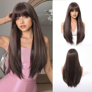 Geogroket Long Straight Wigs With Bangs Brown Layered Hairstyle Synthetic Heat Resistant Geogroket Long Straight Wigs With Bangs Brown Layered Hairstyle Synthetic Heat Resistant