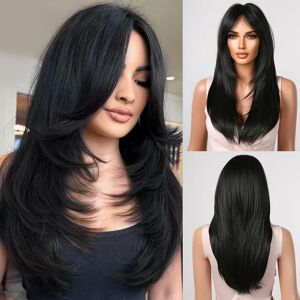 Allbell Natural Black Wigs With Bangs Long Straight Layered Wig For Women Heat Allbell Natural Black Wigs With Bangs Long Straight Layered Wig For Women Heat