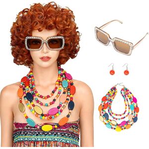Fvcent Short Curly Orange Red Wig With Necklace Earrings And Sunglasses Set Bro Fvcent Short Curly Orange Red Wig With Necklace Earrings And Sunglasses Set Bro