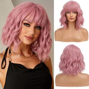 Esmee Short Wave Pink Bob Wigs With Bangs Shoulder Length Wig Curly Wavy Synthe Esmee Short Wave Pink Bob Wigs With Bangs Shoulder Length Wig Curly Wavy Synthe