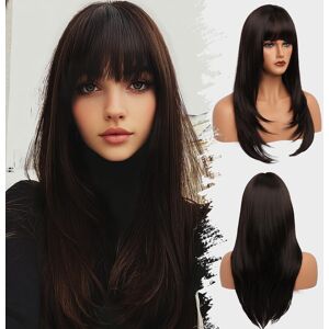 Essiontech Brown Wig With Bangs Long Wavy Straight Wig With Layered Hair Synthetic Heat Re Essiontech Brown Wig With Bangs Long Wavy Straight Wig With Layered Hair Synthetic Heat Re