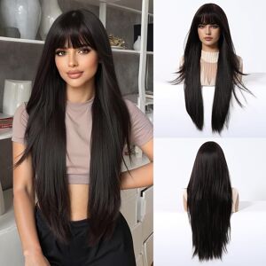 Geogroket Long Straight Wigs With Bangs Black Layered Hairstyle Synthetic Heat Resistant Geogroket Long Straight Wigs With Bangs Black Layered Hairstyle Synthetic Heat Resistant