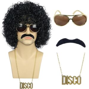 Karlery Men Short Curly Black Wig With Mustache Necklace Glasses 70s 80s Disco Karlery Men Short Curly Black Wig With Mustache Necklace Glasses 70s 80s Disco