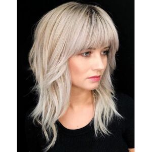 Baruisi Blonde Wig With Bangs Shoulder Length Layered Wig Dark Roots Synthetic Baruisi Blonde Wig With Bangs Shoulder Length Layered Wig Dark Roots Synthetic