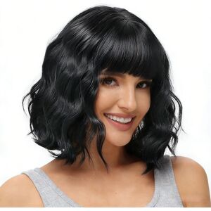 Yamel Wavy Bob Wig With Bangs Black Wig Natural Synthetic Hair Shoulder Length Yamel Wavy Bob Wig With Bangs Black Wig Natural Synthetic Hair Shoulder Length