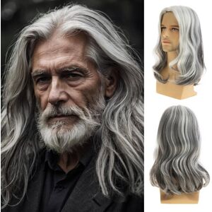 Qnbiar Mens Long Grey White Straight Wig Middle Part Synthetic Heat Resistant Hair Wig Qnbiar Mens Long Grey White Straight Wig Middle Part Synthetic Heat Resistant Hair Wig