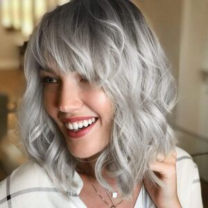 Yamel Wavy Bob Wig With Bangs Dark Root Ombre Silver Wig Synthetic Hair Shoulde Yamel Wavy Bob Wig With Bangs Dark Root Ombre Silver Wig Synthetic Hair Shoulde