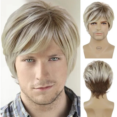 Care+ Short Straight Synthetic Hair Men'S Brown Blonde Mix Wig Side Part Bangs Fashion Care+ Short Straight Synthetic Hair Men'S Brown Blonde Mix Wig Side Part Bangs Fashion
