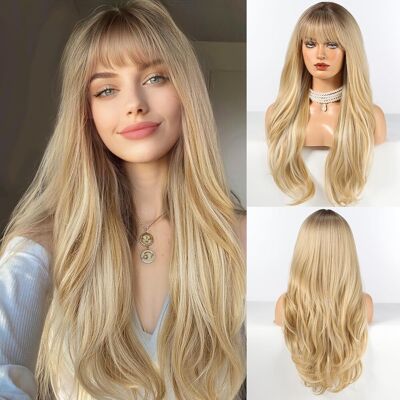 Haircube Long Blonde Wig With Bangs Layered Curly Wigs For Women Natural Synthe Haircube Long Blonde Wig With Bangs Layered Curly Wigs For Women Natural Synthe