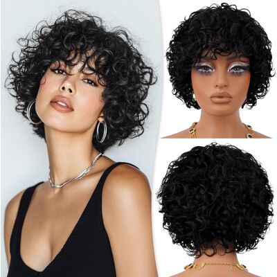 Ruwiss Short Curly Human Hair Wig With Bangs For Black Women - Wear And Go Glue Ruwiss Short Curly Human Hair Wig With Bangs For Black Women - Wear And Go Glue