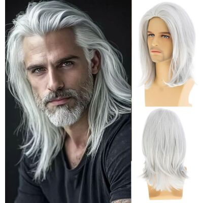 Qnbiar Mens Wig White Medium Long Synthetic Heat Resistant Costume Modern Cosplay Hair Qnbiar Mens Wig White Medium Long Synthetic Heat Resistant Costume Modern Cosplay Hair