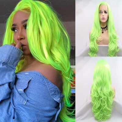 Xiweiya Neon Green Wave Real Hair Wig Fluorescent Green Handmade Synthetic Lace Xiweiya Neon Green Wave Real Hair Wig Fluorescent Green Handmade Synthetic Lace
