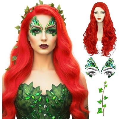 Unel Poison Ivy Set - Red Wig, Green Face Gems & Fake Ivy - Poisonous Ivy Cosplay Ac Unel Poison Ivy Set - Red Wig, Green Face Gems & Fake Ivy - Poisonous Ivy Cosplay Ac