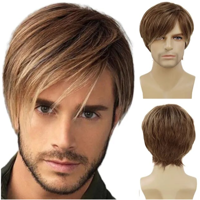 Care+ Short Straight Synthetic Hair Men'S Brown Blonde Mix Wig Side Part Bangs Fashion Care+ Short Straight Synthetic Hair Men'S Brown Blonde Mix Wig Side Part Bangs Fashion