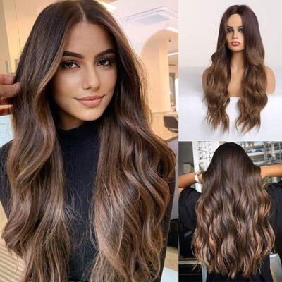 Haircube Long Curly Brown Wigs For Women Synthetic Hair Wig Middle Parting Haircube Long Curly Brown Wigs For Women Synthetic Hair Wig Middle Parting