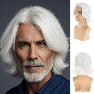 Dsimeig Mens White Short Wavy Bob Wig Synthetic Cosplay Party Replacement Hair Wig Dsimeig Mens White Short Wavy Bob Wig Synthetic Cosplay Party Replacement Hair Wig