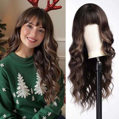 Wokestar Long Wavy Brown With Highlights Wigs For Women, Heat Resistant Natural Wokestar Long Wavy Brown With Highlights Wigs For Women, Heat Resistant Natural