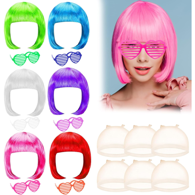 Branded 6 Pieces Colourful Bob Wig Set, Neon Shutter Shades Sunglasses, Hd Wig Cap, Invi Branded 6 Pieces Colourful Bob Wig Set, Neon Shutter Shades Sunglasses, Hd Wig Cap, Invi