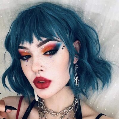 Yamel Wavy Bob Wig With Bangs Natural Blue Wig Synthetic Hair Shoulder Length S Yamel Wavy Bob Wig With Bangs Natural Blue Wig Synthetic Hair Shoulder Length S