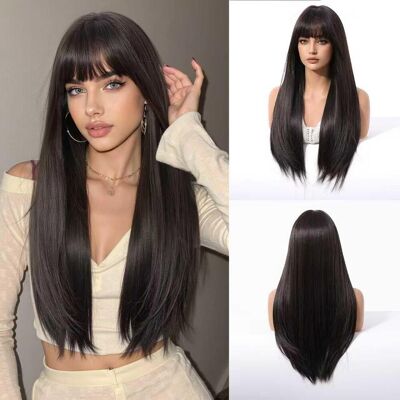 Geogroket Long Straight Wigs With Bangs Black Brown Layered Hairstyle Synthetic Geogroket Long Straight Wigs With Bangs Black Brown Layered Hairstyle Synthetic