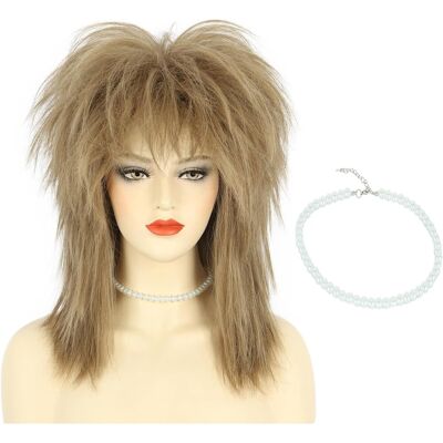 Karlery Women Men Long Curly Light Brown Wig With Necklace 70s 80s Rocker Mulle Karlery Women Men Long Curly Light Brown Wig With Necklace 70s 80s Rocker Mulle