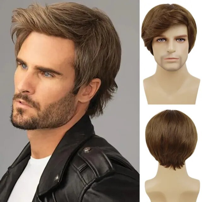 Care+ Short Straight Synthetic Hair Men'S Brown Blonde Mix Wig Side Part Bangs Fashion Care+ Short Straight Synthetic Hair Men'S Brown Blonde Mix Wig Side Part Bangs Fashion