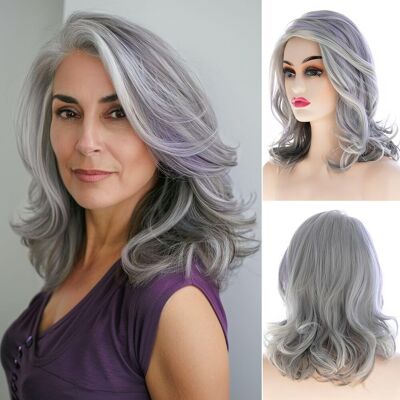 Dsimeig Women Grey Purple Wavy Wig Medium Length Layered Synthetic Hair Wig Dsimeig Women Grey Purple Wavy Wig Medium Length Layered Synthetic Hair Wig