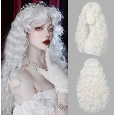 Siudus White Long Womens Curly Wig With Bangs Middle Part Wavy Wave Anime Hair Wig Syn Siudus White Long Womens Curly Wig With Bangs Middle Part Wavy Wave Anime Hair Wig Syn