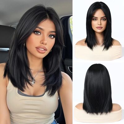 Esmee Short Straight Black Bob Wigs With Curtain Bangs Shoulder Length Natural Esmee Short Straight Black Bob Wigs With Curtain Bangs Shoulder Length Natural