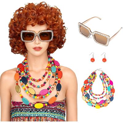 Fvcent Short Curly Orange Red Wig With Necklace Earrings And Sunglasses Set Brown Wome Fvcent Short Curly Orange Red Wig With Necklace Earrings And Sunglasses Set Brown Wome