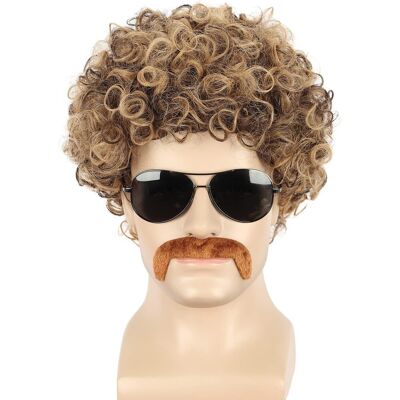 Yuehong Men Short Curly Brown Afro Wig 70s 80s Disco Hair With Mustache Set Hea Yuehong Men Short Curly Brown Afro Wig 70s 80s Disco Hair With Mustache Set Hea