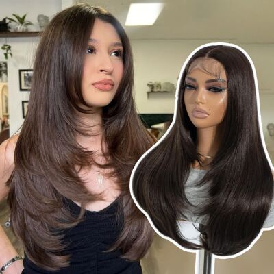 Joedir Long Layered Straight Wigs With Curtain Bangs Synthetic Lace Front Wigs Joedir Long Layered Straight Wigs With Curtain Bangs Synthetic Lace Front Wigs