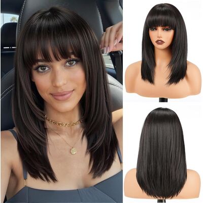 Topshe Natural Black Wig With Bangs Straight Layered Wigs For Women Heat Resist Topshe Natural Black Wig With Bangs Straight Layered Wigs For Women Heat Resist