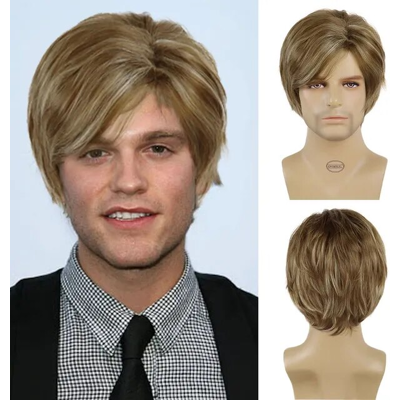 Care+ Short Straight Synthetic Hair Men'S Brown Blonde Mix Wig Side Part Bangs Fashion Care+ Short Straight Synthetic Hair Men'S Brown Blonde Mix Wig Side Part Bangs Fashion