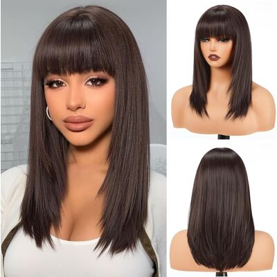Topshe Brown Wigs With Bangs Layered Straight Shoulder Length Glueless Wig Heat Topshe Brown Wigs With Bangs Layered Straight Shoulder Length Glueless Wig Heat