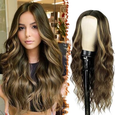 Barsdar Long Wavy Blonde Highlight Wig, 26 Inch Middle Part Curly Wavy Balayage Barsdar Long Wavy Blonde Highlight Wig, 26 Inch Middle Part Curly Wavy Balayage