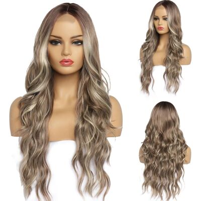 Essiontech Long Brown Blonde Lace Wavy Wig - 26 Inch Middle Part Curly Wavy Glueless Synth Essiontech Long Brown Blonde Lace Wavy Wig - 26 Inch Middle Part Curly Wavy Glueless Synth
