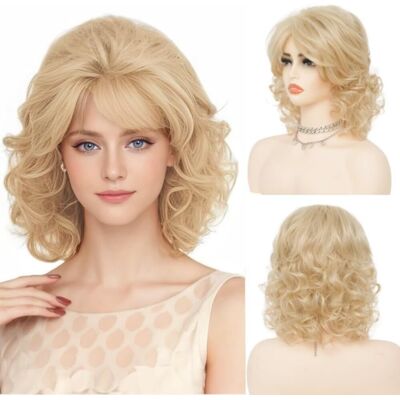 salaibs Womens Blonde Short Curly Wig With Bangs Shoulder Lenght 70s 80s Retro Hair Wig salaibs Womens Blonde Short Curly Wig With Bangs Shoulder Lenght 70s 80s Retro Hair Wig