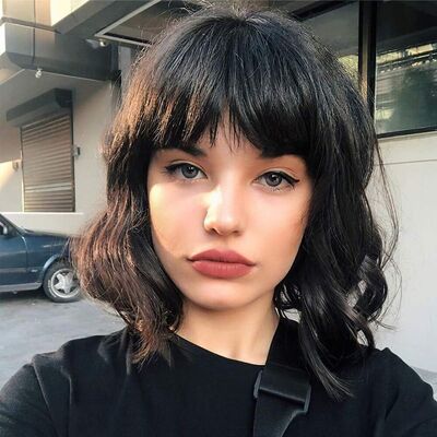 Yamel Wavy Bob Wig With Bangs Black Wig Natural Synthetic Hair Shoulder Length Yamel Wavy Bob Wig With Bangs Black Wig Natural Synthetic Hair Shoulder Length