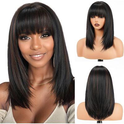 Topshe 1b/30 Light Brown Highlight Wig With Bangs Layered Straight Wigs For Wom Topshe 1b/30 Light Brown Highlight Wig With Bangs Layered Straight Wigs For Wom