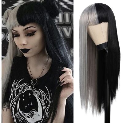 Salaibs Half Grey Half Black Long Wigs For Women Straight Goth Hair Wig With Bangs Heat Salaibs Half Grey Half Black Long Wigs For Women Straight Goth Hair Wig With Bangs Heat