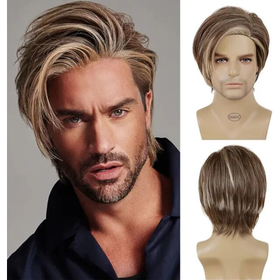 Care+ Short Straight Synthetic Hair Men'S Brown Blonde Mix Wig Side Part Bangs Fashion Care+ Short Straight Synthetic Hair Men'S Brown Blonde Mix Wig Side Part Bangs Fashion
