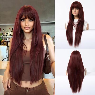 Geogroket Long Straight Wigs With Bangs Burgundy Red Layered Hairstyle Synthetic Heat Res Geogroket Long Straight Wigs With Bangs Burgundy Red Layered Hairstyle Synthetic Heat Res