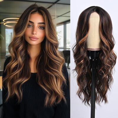 Seclitwu Dark Brown Wig With Highlight For Women Middle Part Brown Mixed Blonde Wavy Wig Seclitwu Dark Brown Wig With Highlight For Women Middle Part Brown Mixed Blonde Wavy Wig