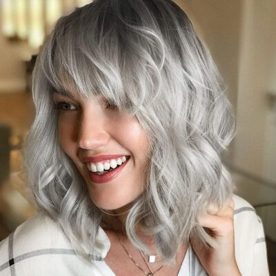 Yamel Wavy Bob Wig With Bangs Dark Root Ombre Silver Wig Synthetic Hair Shoulde Yamel Wavy Bob Wig With Bangs Dark Root Ombre Silver Wig Synthetic Hair Shoulde