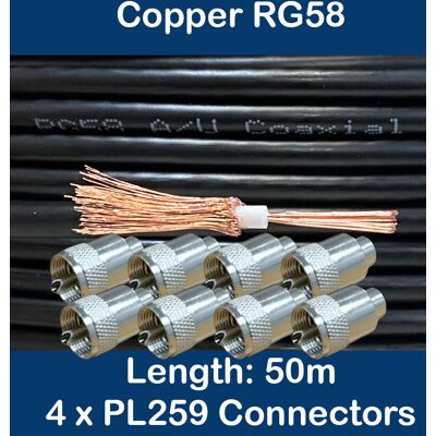 Istrand 50m Copper Black Rg58 50 Ohm Coaxial Cable 8 X Pl259 Uhf Cb Radio Ham Aerial Istrand 50m Copper Black Rg58 50 Ohm Coaxial Cable 8 X Pl259 Uhf Cb Radio Ham Aerial