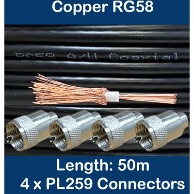 Istrand 50m Copper Black Rg58 50 Ohm Coaxial Cable 4 X Pl259 Uhf Cb Radio Ham Aerial Istrand 50m Copper Black Rg58 50 Ohm Coaxial Cable 4 X Pl259 Uhf Cb Radio Ham Aerial