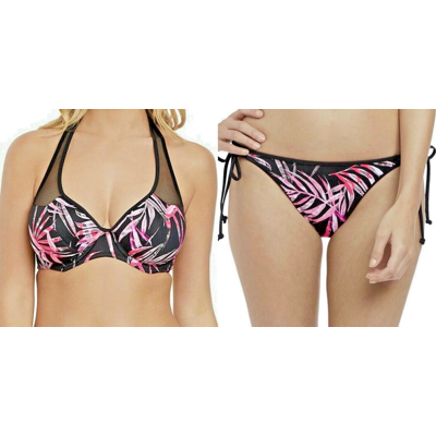 Freya Sunset Palm Bikini Set Size 36d L Black Pink Halter Neck Top Rio Tie Brief Freya Sunset Palm Bikini Set Size 36d L Black Pink Halter Neck Top Rio Tie Brief