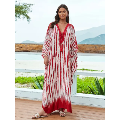 Stripe Printed Beachwear Robe V-Neck Lace-Up Maxi Dress Swimsuit Bikini Cover-Up Stripe Printed Beachwear Robe V-Neck Lace-Up Maxi Dress Swimsuit Bikini Cover-Up