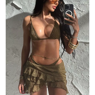 S M L Mini Lace Three Piece Set Beach Swim Wear Girl Hot Hollowed Out Summer Fit S M L Mini Lace Three Piece Set Beach Swim Wear Girl Hot Hollowed Out Summer Fit